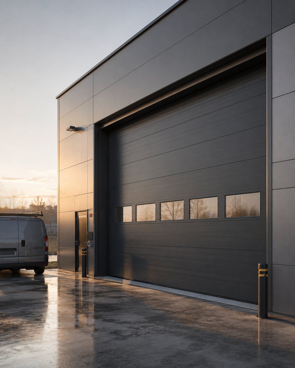 Portone sezionale industriale con furgone all'alba